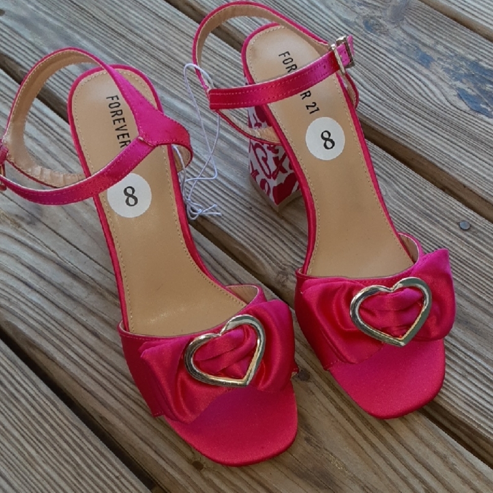Forever 21 Hot Pink Satin Heart-Embellished Block Heel Sandals